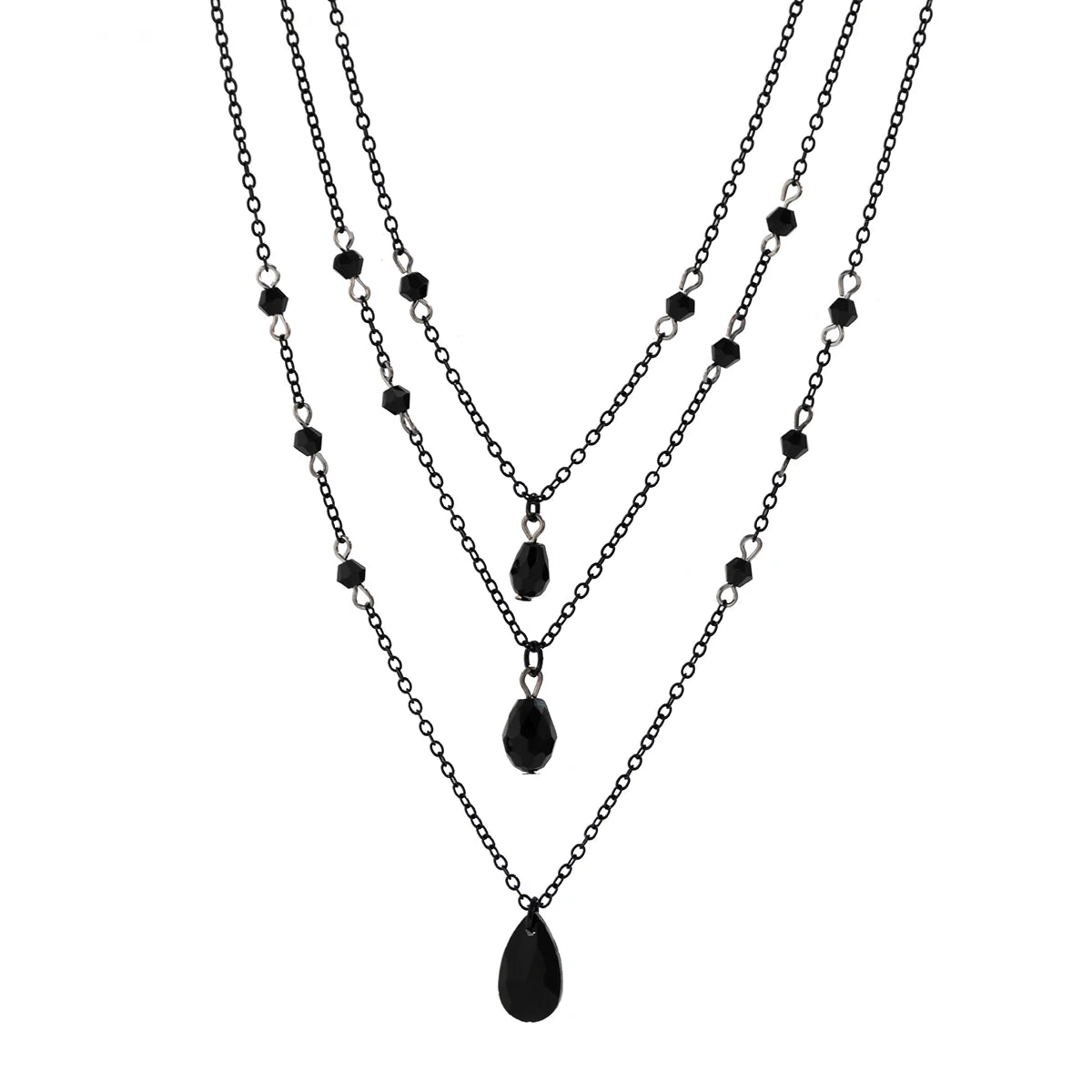 IngeSight.Z Gothic mehrschichtiges schwarzes Tropfen-Kristall-Anhänger-Halsketten-Set für Frauen, Vintage-Gliederkette aus schwarzem Metall, Halsband
