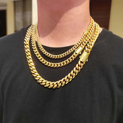 Hohe Qualität, Breite 8–14 mm, Edelstahl, goldfarben, kubanische Kette, wasserdicht, für Herren und Damen, Curb Link-Halskette, verschiedene Größen