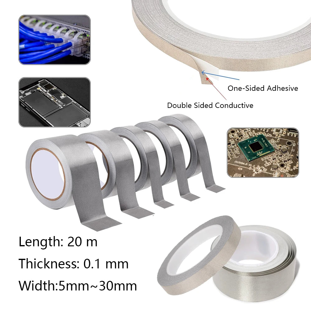1 Stück 20 Meter doppelt leitfähiges Stoff-Gewebeband, einseitiges Klebeband für Laptop, Mobiltelefon, LCD, EMI-Abschirmung