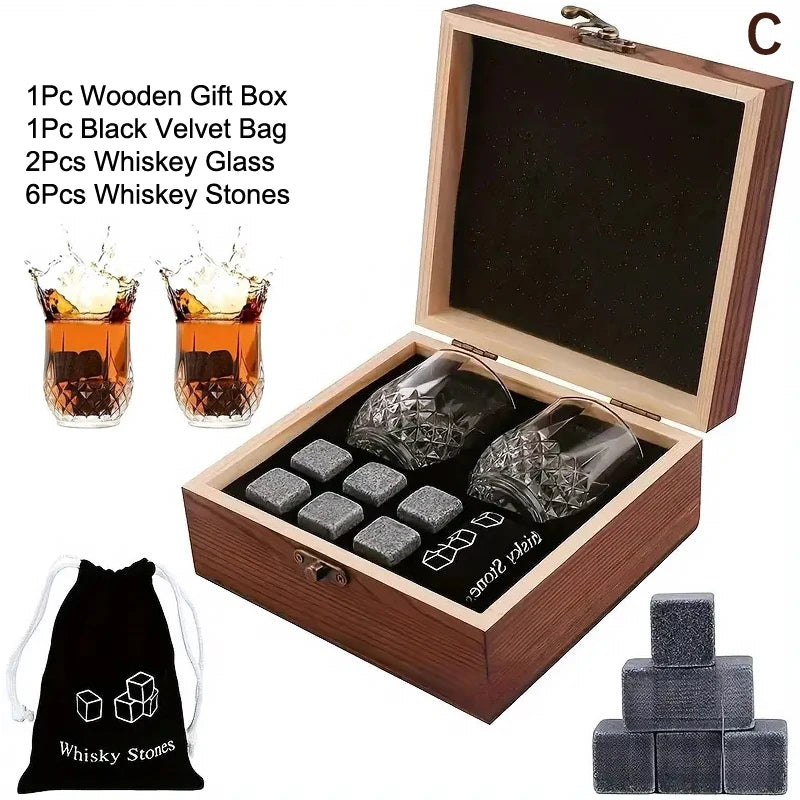 Set mit 8 Granit-Eiswürfeln + 2 Gläsern für Whisky in Holzbox, Geschenk für Papa, Vatertagsgeschenk für Männer, Whisky-Steine