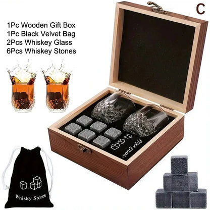 Set mit 8 Granit-Eiswürfeln + 2 Gläsern für Whisky in Holzbox, Geschenk für Papa, Vatertagsgeschenk für Männer, Whisky-Steine