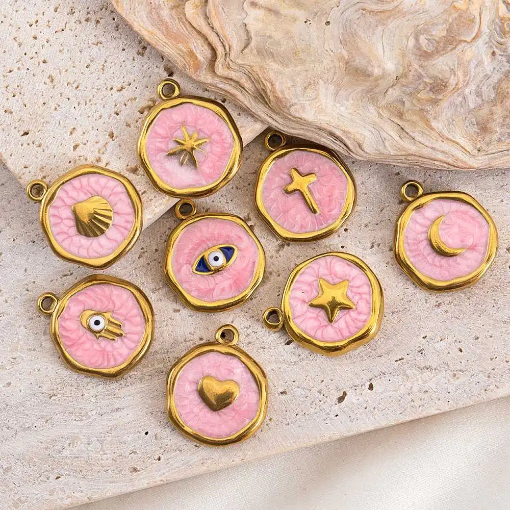 8 Stück Edelstahl Lila Rosa Emaille Herz Auge Sonne Mond Runde Anhänger für DIY Armband Ohrring Halskette Schmuckzubehör