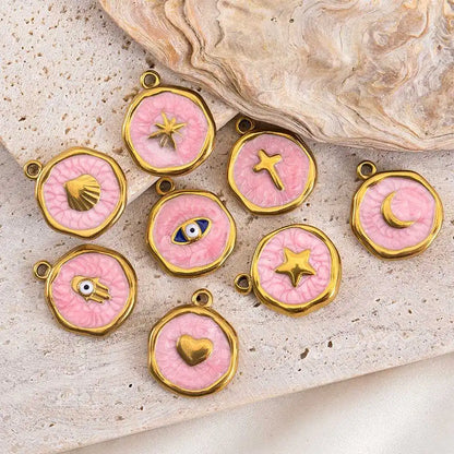 8 Stück Edelstahl Lila Rosa Emaille Herz Auge Sonne Mond Runde Anhänger für DIY Armband Ohrring Halskette Schmuckzubehör