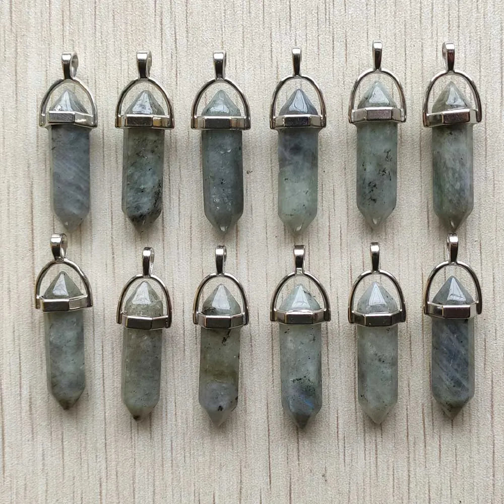 Schneller Versand Naturstein Quarz Aventurin Lapis Kristall sechseckige Säule Anhänger für Schmuck Zubehör 12 Stück Großhandel