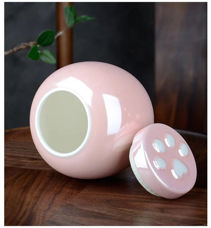 1 Piece Pink Ceramic Urn with Claw Print for Ashes, Small Cat and Dog Ceramic Ash Storage Jar, Pink Pet Hair Jar, Pet Funeral Supplies