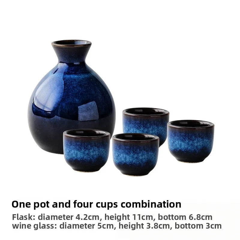 Japanisches Sake-Set aus Keramik, blauer Weinbecher, Topf, Geschirr, Retro-Heim-Shochu-Topf, 1 Topf, 4-Tassen-Set, Geschirr, Barzubehör