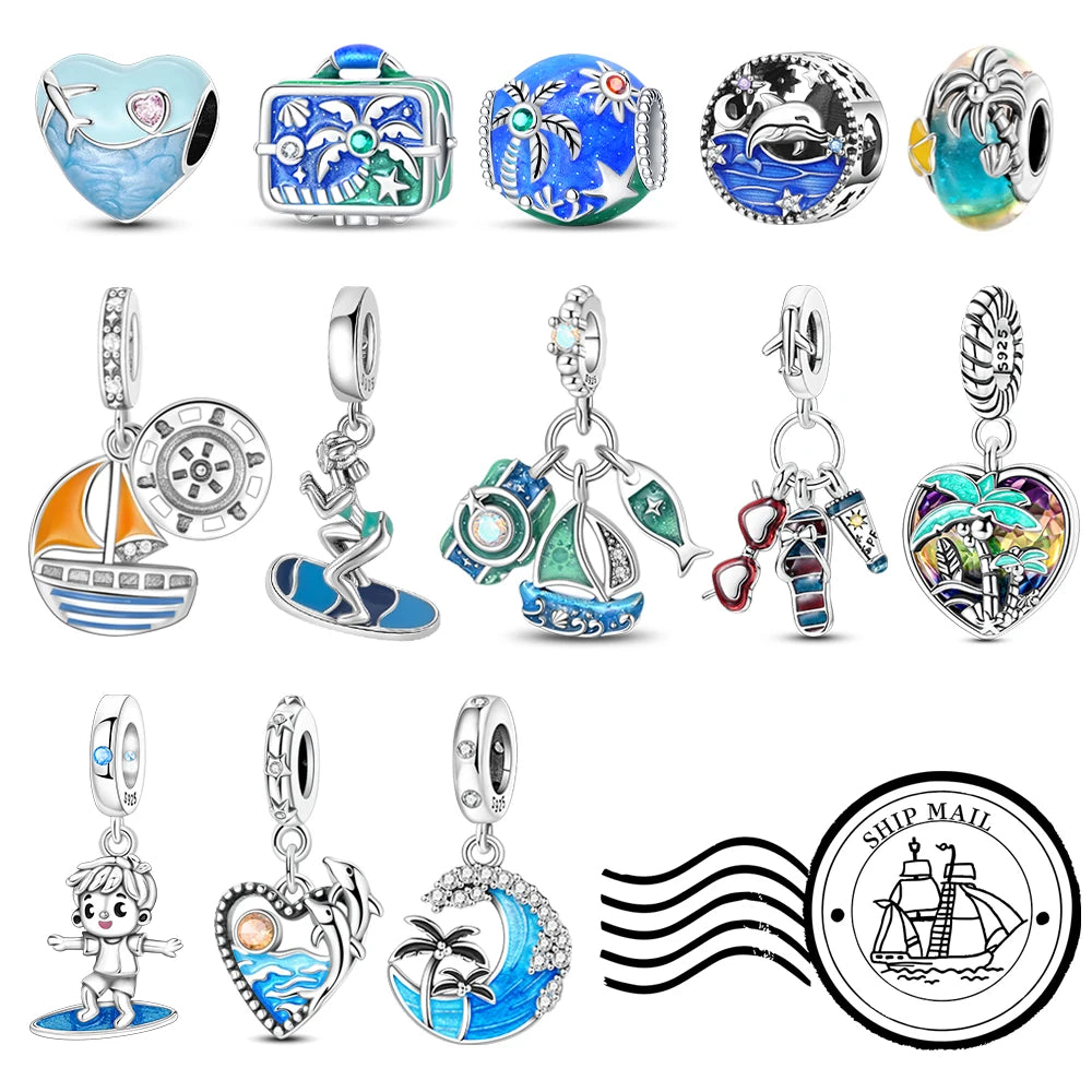 Gemütlicher Charm aus 925er-Sterlingsilber für Strandausflüge, hawaiianischer Bikini, Surfen, Kokosnussbaum, passend für DIY-Armbänder, Halsketten, Reisesouvenirs