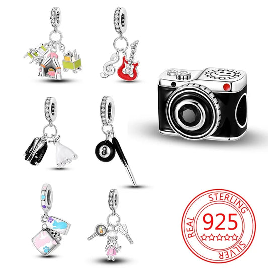 925er Sterlingsilber, schwarze Kamera-Gitarren-Charm-Anhänger, Perlen, passend für Charms aus 925er-Silber, Original-Armband für Damenschmuck