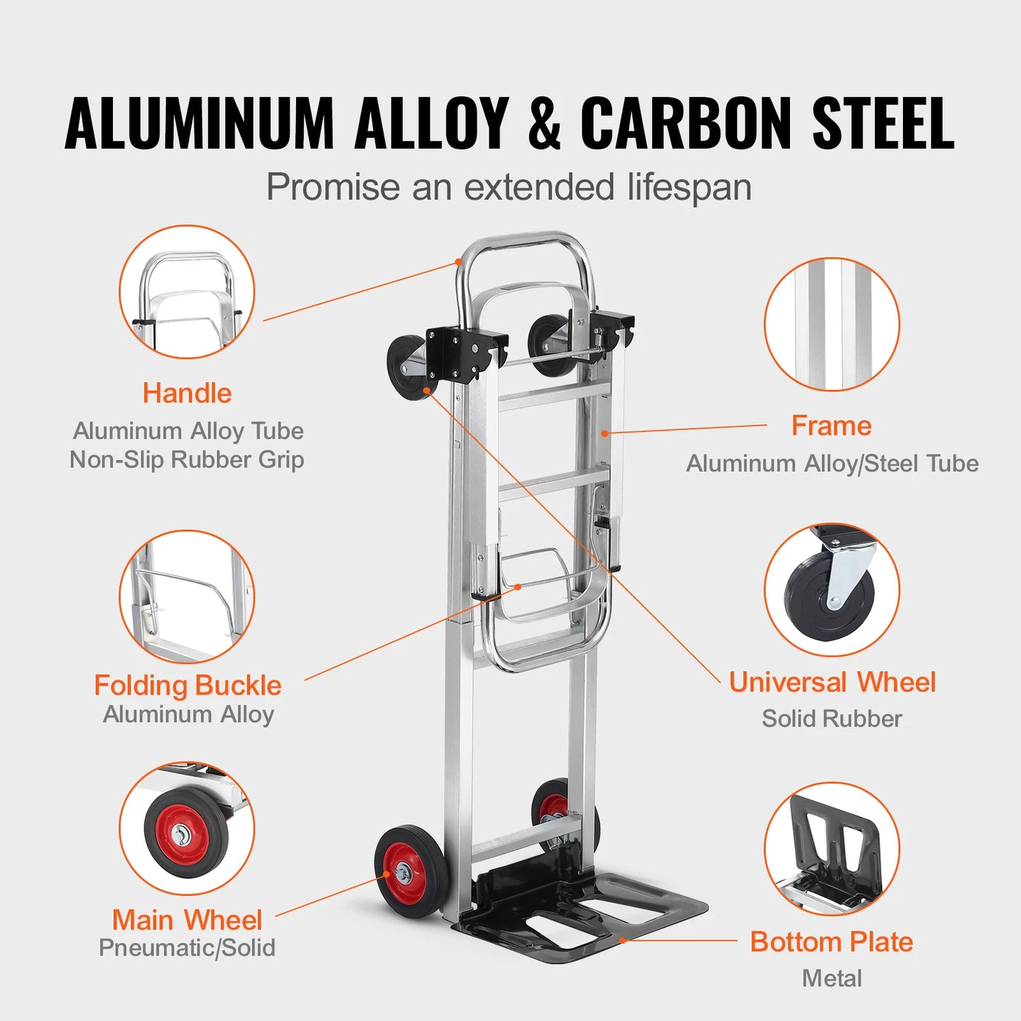 VEVOR 2-in-1 Sackkarre Klappbar 113/181kg Tragfähigkeit Transportkarre Aluminiumlegierung & Kohlenstoffstahl Sackkarre ⇋ Plattformwagen Trolley für Lade- & Transportaufgaben im Innen- & Außenbereich