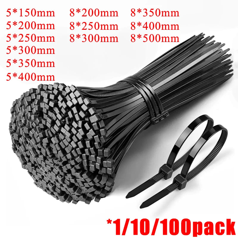 250 Stück selbstsichernder Kunststoff-Nylon-Kabelbinder, schwarz, 5 x 300 Kabelbinder, 8 x 200 mm, Befestigungsring, Kabelbinder, Reißverschluss, Wraps, Riemen, Nylon-Kabelbinder-Set