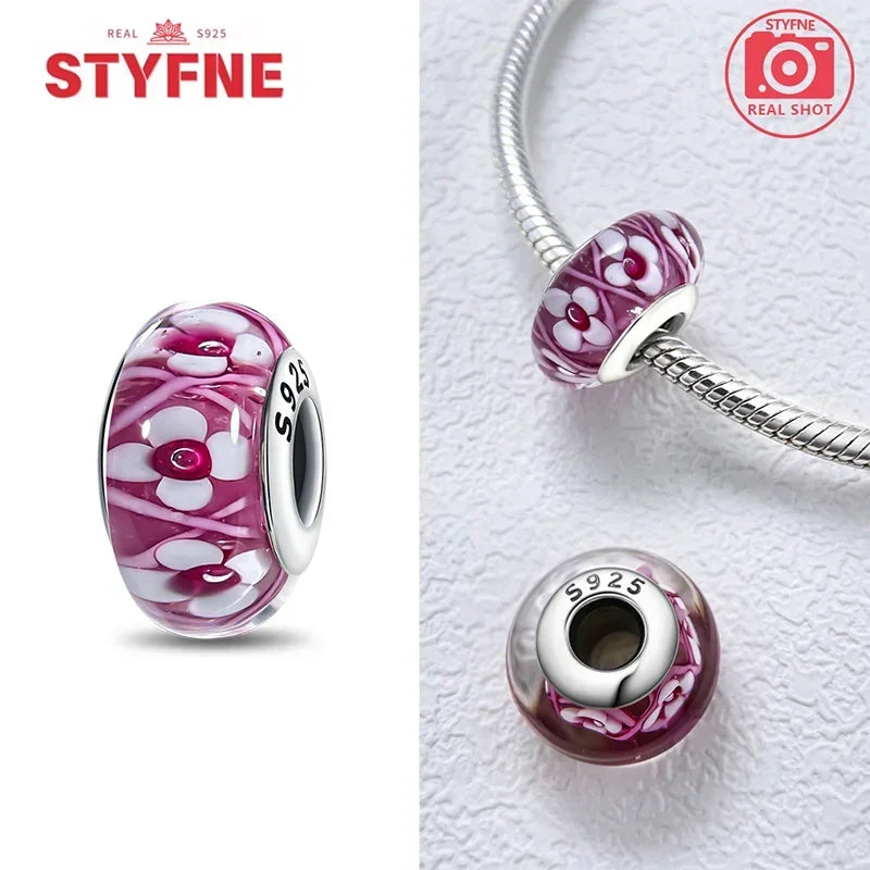 Echtes Sterlingsilber 925, Blumen-Charms, Glas, neue Original-Perle, bunt, Murano, passend für Original-Armbänder, DIY für Frauen, Schmuck, Geschenke