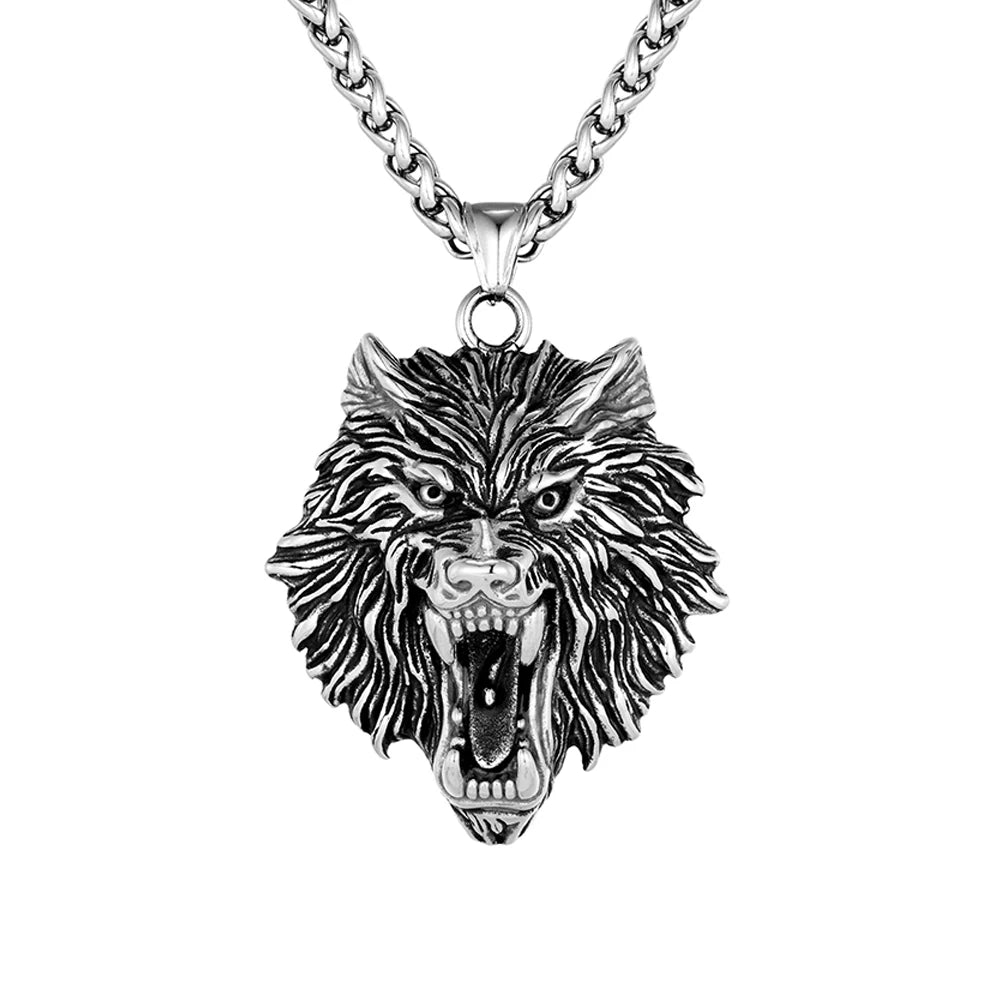 Punk Vikings Wolf Head Necklaces Stainless Steel Vintage Nordic Odin's Wolf Pendant Amulet Men Charm Genuine Leather Rope Jewelry