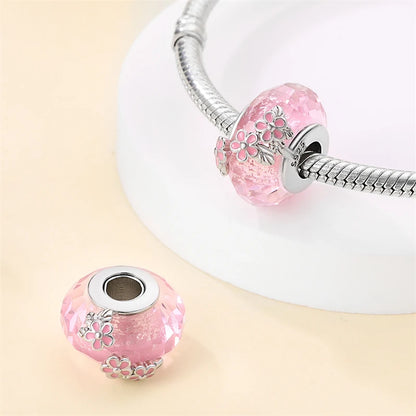 Sakura-Glas-Charm-Anhänger aus 925er-Sterlingsilber mit Zirkonia, passend für DIY-Armbänder, Halsketten, Geschenk für Sie, Colgante Plata