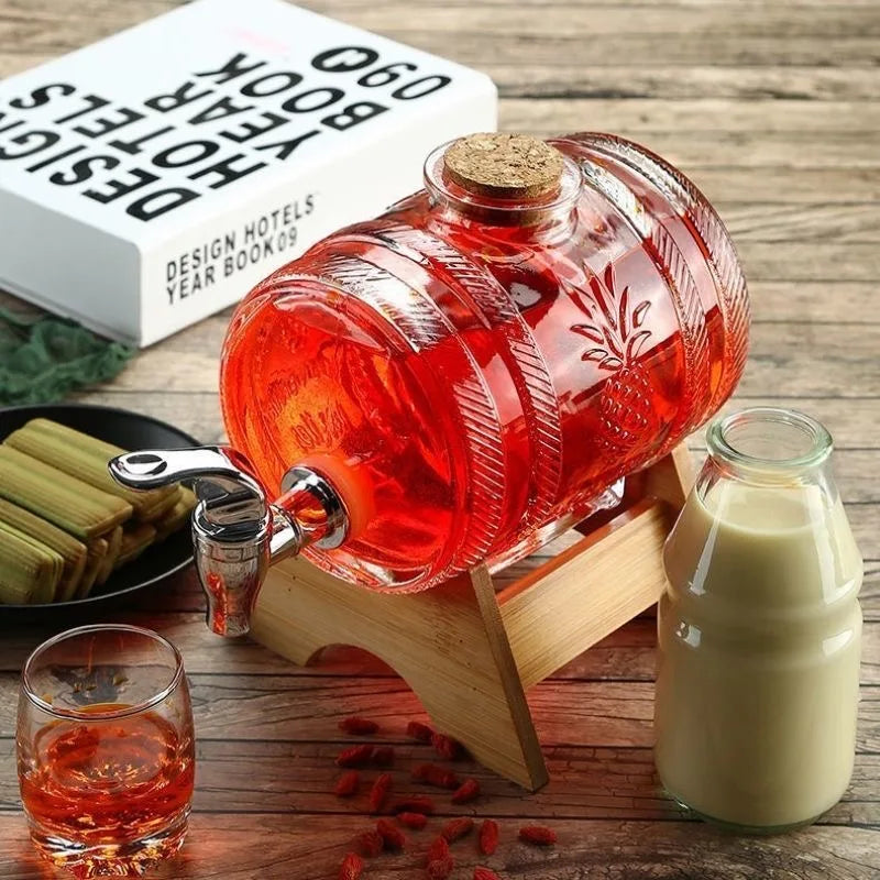 1L Glas Whisky Barrel Wein Barrel Chopp Brummstimme Bier Flasche Obst Wein Aging Alkohol Honig Lagerung Container Mit Basis Wasserhahn