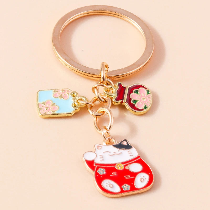 Elegante Edelstein Jade Bambus Schlüssel bund Charms Emaille Glück Katze Schlüssel ringe für Frauen Männer Handtasche Anhänger DIY Schmuck Zubehör