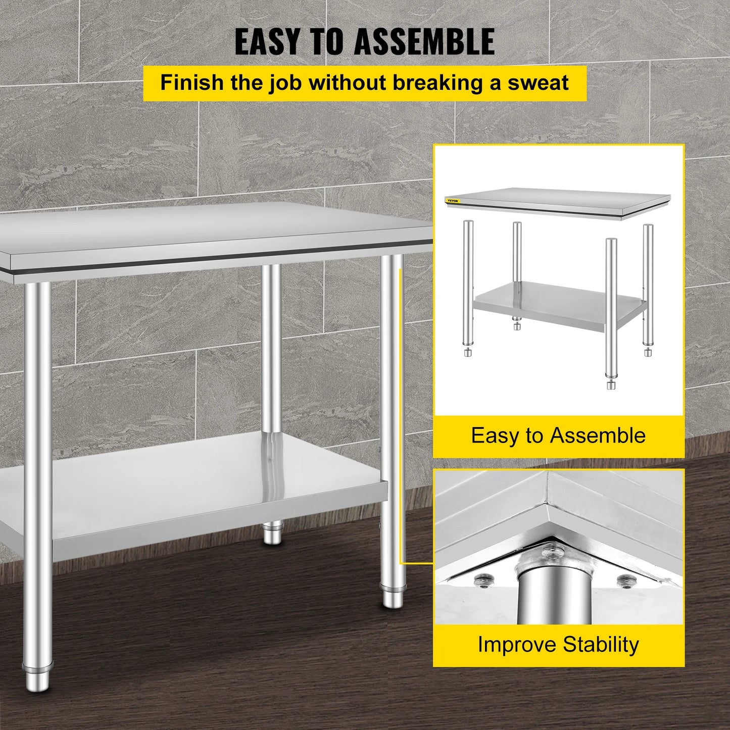 VEVOR Edelstahl Arbeitstisch 900 x 600 x 800 mm Edelstahltisch Essenszubereitung mit Verstellbare Füße für die Zubereitung von Mahlzeiten, Nähen, Waschen, Basteln, Garagennutzung usw.