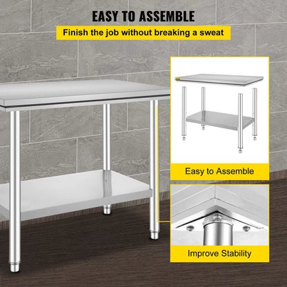 VEVOR Edelstahl Arbeitstisch 900 x 600 x 800 mm Edelstahltisch Essenszubereitung mit Verstellbare Füße für die Zubereitung von Mahlzeiten, Nähen, Waschen, Basteln, Garagennutzung usw.