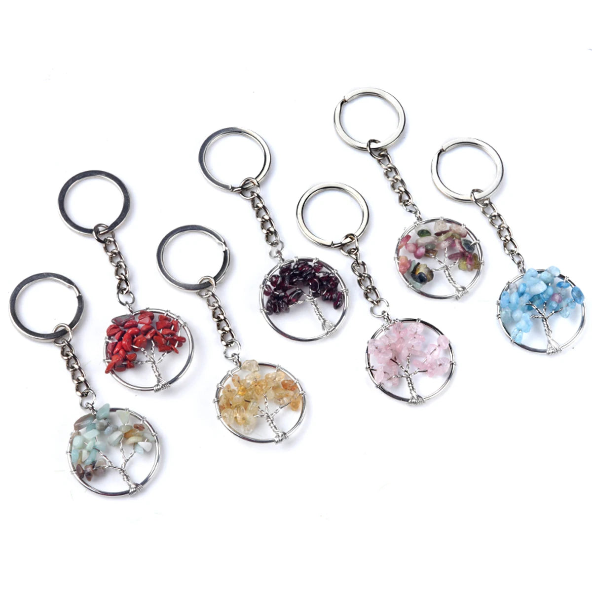 5 teile/satz Runde Baum des Lebens Anhänger Naturstein Kristall Achat Quarz Chip Stein Schlüsselbund Edelstahl Schmuck Zubehör