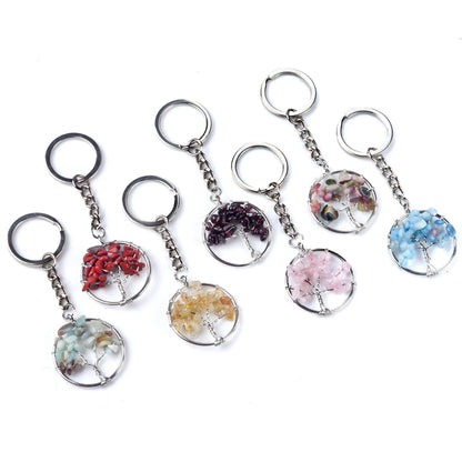 5 teile/satz Runde Baum des Lebens Anhänger Naturstein Kristall Achat Quarz Chip Stein Schlüsselbund Edelstahl Schmuck Zubehör