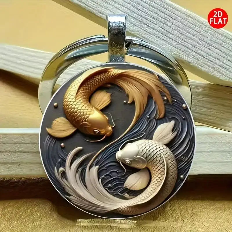 Modischer neuer 2D Yin Yang Koi runder Glas-Schlüsselanhänger, Glücksanhänger, modische Tasche und Autoschlüssel-Dekoration, Weihnachtsgeschenk