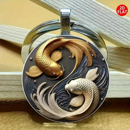 Modischer neuer 2D Yin Yang Koi runder Glas-Schlüsselanhänger, Glücksanhänger, modische Tasche und Autoschlüssel-Dekoration, Weihnachtsgeschenk