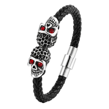 Übertreibung Männer Schmuck Schwarz Geflochtene Leder Armbänder Edelstahl Leder Armbänder Coole Schädel Armbänder Männer Armband