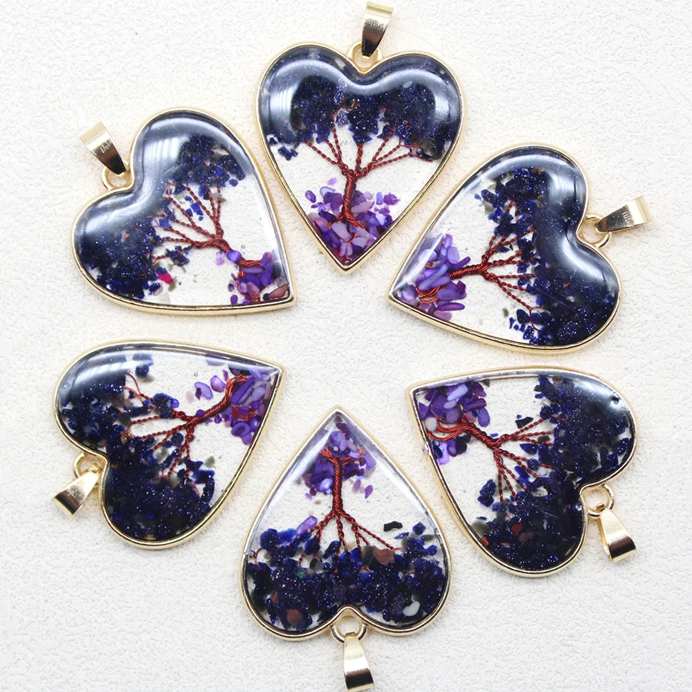 12 Stück Mix Stein Amethyst Lapislazuli Kristall Herz Lebensbaum Anhänger für DIY Herstellung Naturstein Halskette Ohrring Zubehör