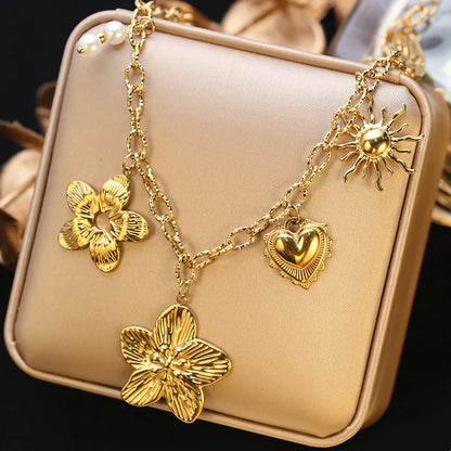 EILIECK 316L Edelstahl Sonne Herz Blume Anhänger Halskette 18K vergoldet Zubehör Charme handgemachten Schmuck für Frauen Mädchen