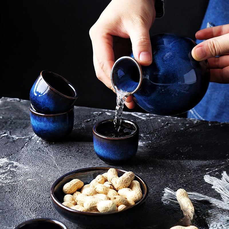 Japanisches Sake-Set aus Keramik, blauer Weinbecher, Topf, Geschirr, Retro-Heim-Shochu-Topf, 1 Topf, 4-Tassen-Set, Geschirr, Barzubehör