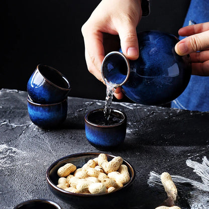 Japanisches Sake-Set aus Keramik, blauer Weinbecher, Topf, Geschirr, Retro-Heim-Shochu-Topf, 1 Topf, 4-Tassen-Set, Geschirr, Barzubehör