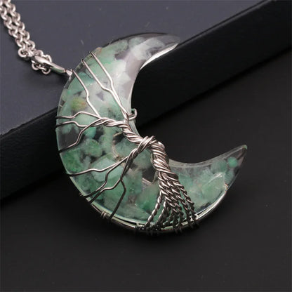 Natürliche Kristall Mond Anhänger Halskette Baum des Lebens Amethyst Reiki poliert Mineral Schmuck Heilstein für Männer Frauen Schmuck