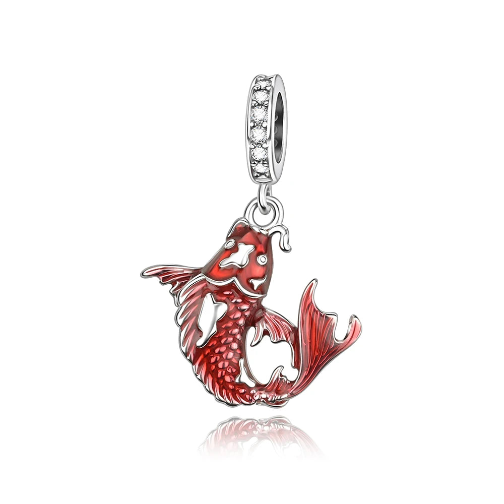 Rote Serie 925er Sterlingsilber, Koi-Herz, Pilz, Feuerwerkskörper, Kaffeemaschine, Charm, passend für DIY-Armbänder, Halsketten, exquisite lustige Geschenke
