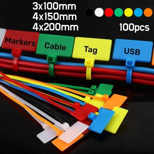 100 Stück Nylon-Marker-Kabelbinder, 3 x 100, 4 x 150/200 mm, Kunststoff-Tag-Etiketten, Schlaufe, selbstsichernde Kabelbinder zum Markieren und Organisieren von Draht