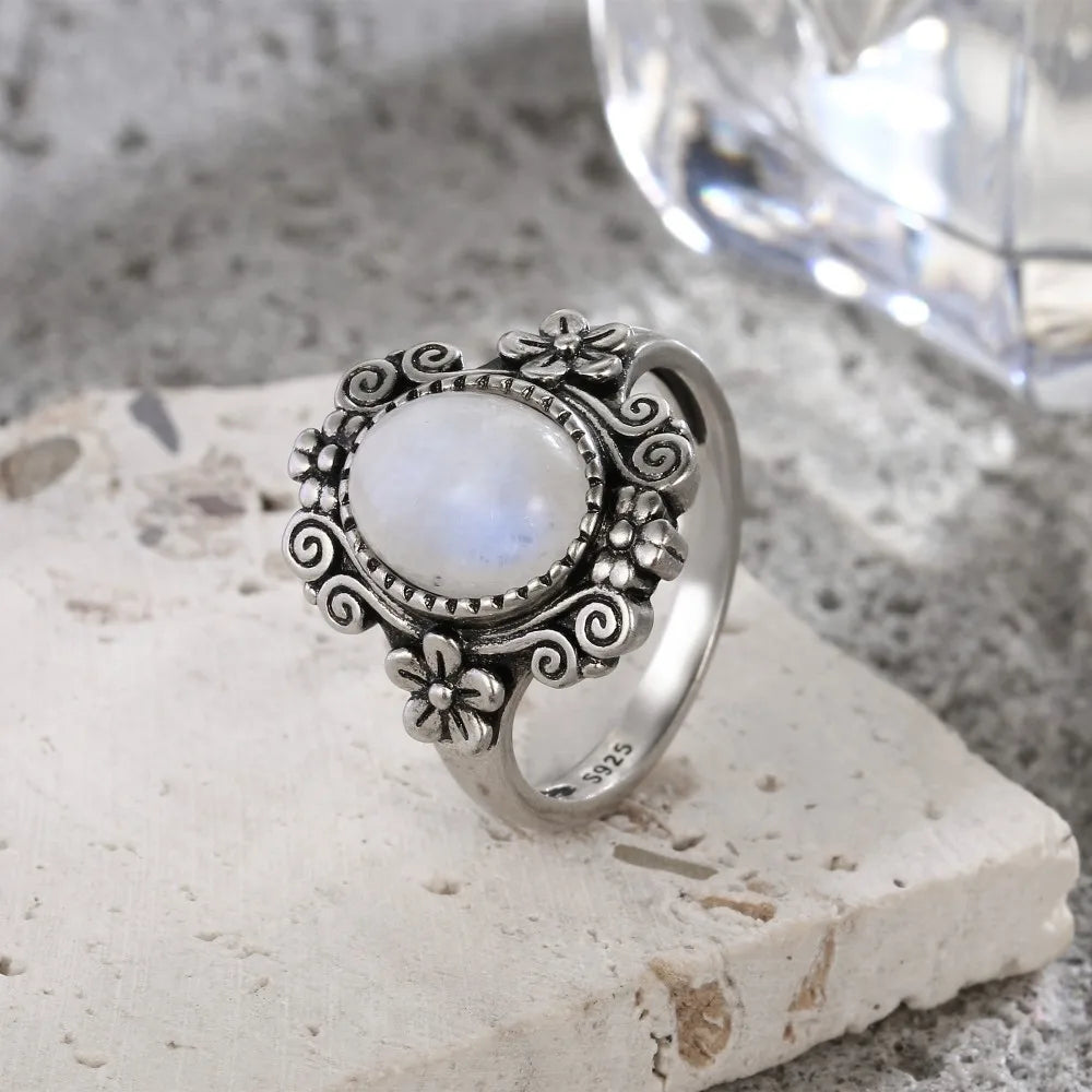 925 Silber Blume 8 * 10 mm Mondstein Ring Vintage Stil Damen Party Schmuck Geschenk für Frauen