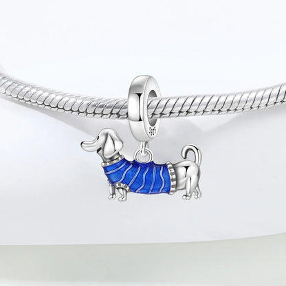 Blue Series Charm-Anhänger aus 925er-Sterlingsilber, Dackel-Feder, Meer, Kokosnussbaum, Stern, Hexe, passend für DIY-Armbänder, Halsketten, Partygeschenke
