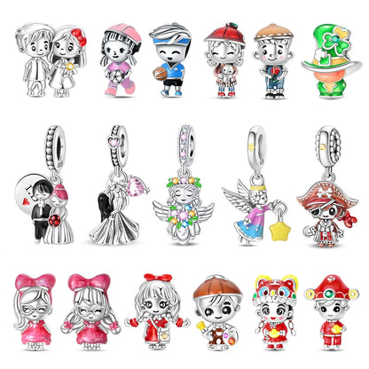 Charakter-Serie, 925er-Sterlingsilber, modisches Mädchen-Paar, Hochzeits-Charms, passend für DIY-Armbänder, Halsketten, exquisite Geschenk-Paarung
