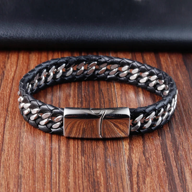 Geflochtenes Seil gewebtes schwarzes Leder Herrenarmbänder Punk-Stil Edelstahl-Armreif für Freund Charm Modeschmuck Geschenke