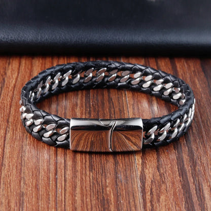 Geflochtenes Seil gewebtes schwarzes Leder Herrenarmbänder Punk-Stil Edelstahl-Armreif für Freund Charm Modeschmuck Geschenke