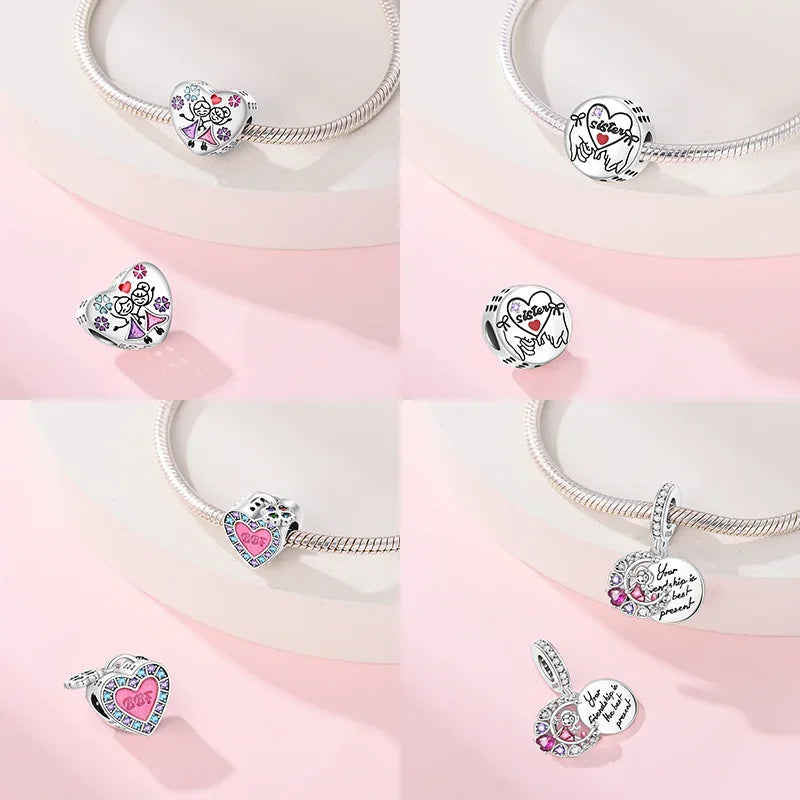 Silber S925 Schwestern Serie Rosa Herz Charme Für Immer Liebe Perlen Fit Original Armband Diy Edlen Schmuck Geschenke für Frauen