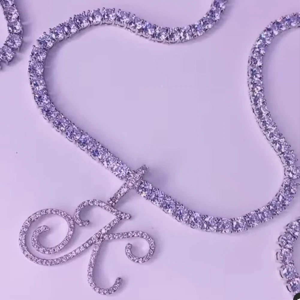Neue Kursive Buchstaben Kubische Zirkonia Kette Initialen Namenskette Hip-Hop Schmuck Gold Silber Farbe CZ 26 Alphabet Anhänger Halsketten