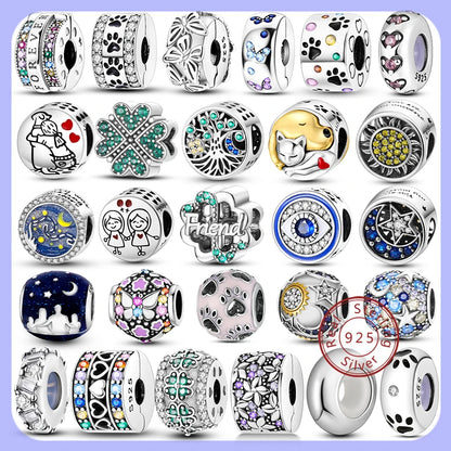 Silber-Charm, 925er-Sterlingsilber, Clip-Charms, Sicherheitsketten-Charm, CZ-Pavé, runde Clip-Perlen, passend für Original-Armbänder, Schmuckherstellung