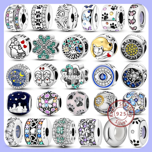 Silber-Charm, 925er-Sterlingsilber, Clip-Charms, Sicherheitsketten-Charm, CZ-Pavé, runde Clip-Perlen, passend für Original-Armbänder, Schmuckherstellung