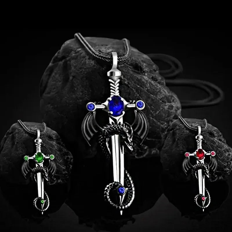 Gotische Drachenschwert-Kreuz-Anhänger-Halskette – Punk-Zirkon-Drachenanhänger – Vintage-Schwert-Anhänger – Dunkler Gothic-Schmuck für Herren & Damen