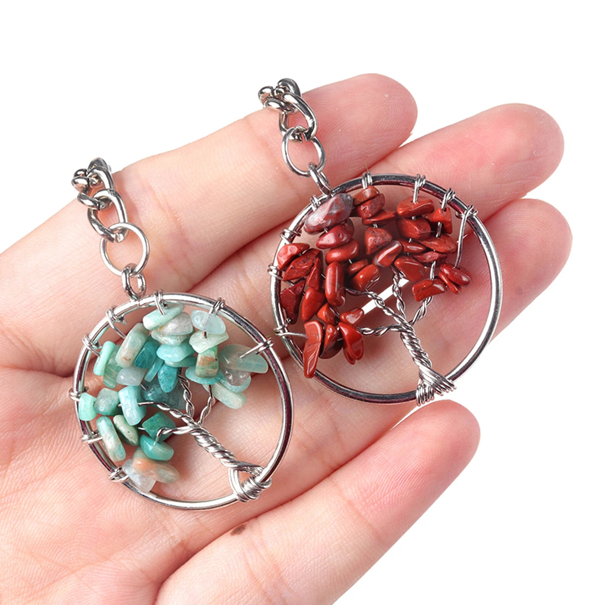 5 teile/satz Runde Baum des Lebens Anhänger Naturstein Kristall Achat Quarz Chip Stein Schlüsselbund Edelstahl Schmuck Zubehör