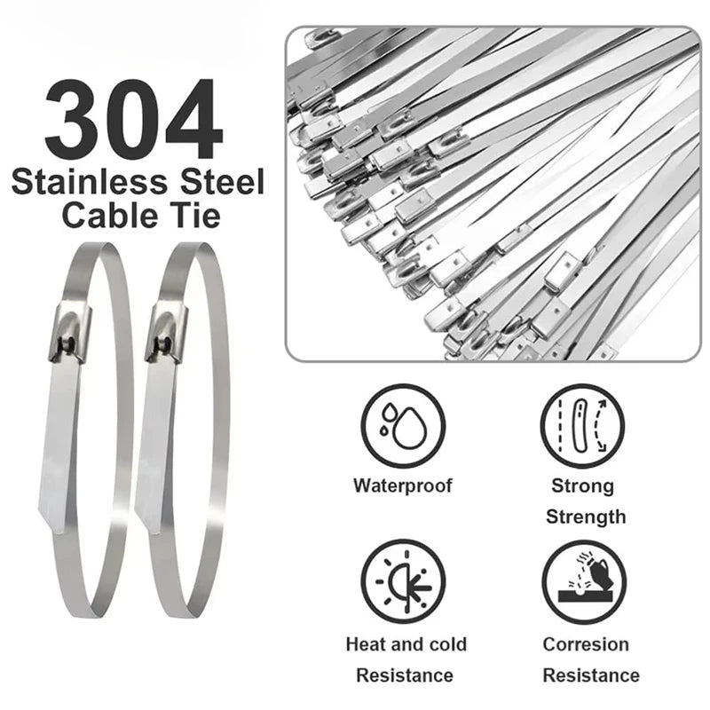 100 Pes 4,6 mm 304 Edelstahl-Metallkabelbinder, multifunktionale selbstsichernde Kabelbinder, Reißverschluss, Auspufffolie, beschichtete Verriegelung