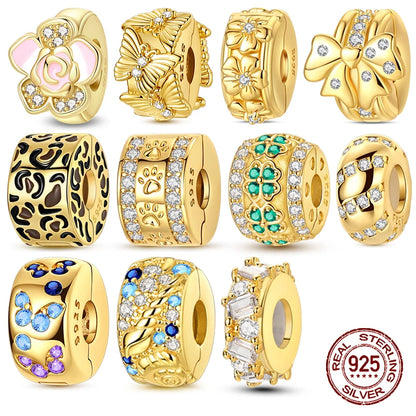 925er Sterlingsilber, Gold, Blume, Schmetterling, Leopard, Pfotenklee, Perlen, Zirkon, Schmuck für Halskette, Armband, Geschenk für Frauen und Mädchen