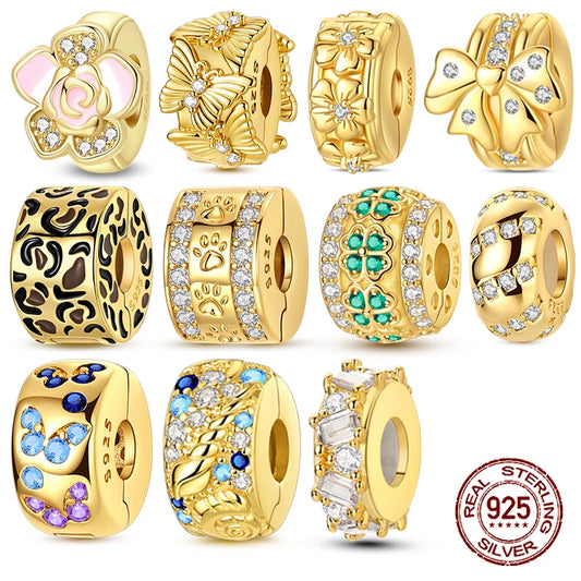 925er Sterlingsilber, Gold, Blume, Schmetterling, Leopard, Pfotenklee, Perlen, Zirkon, Schmuck für Halskette, Armband, Geschenk für Frauen und Mädchen
