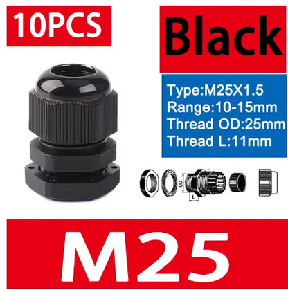 10 Stück wasserdichte Kabelverschraubungen M8-M40, schwarze Kunststoff-Dichtungsverbindungen, IP68, Nylon-Stecker, Gummi-Kabelverschraubung für verschiedene Größen