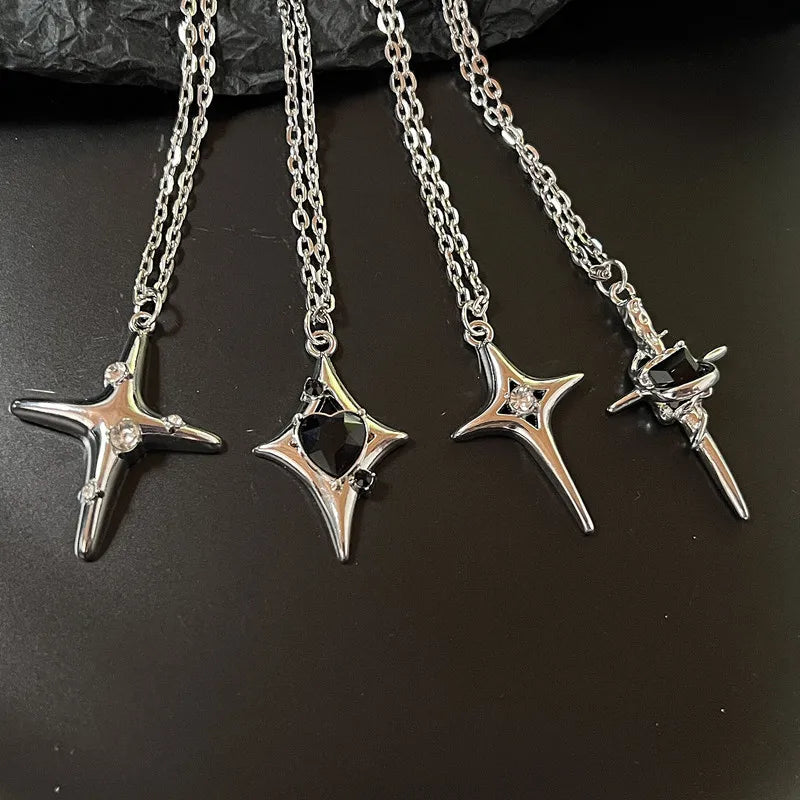Silber Kreuz besetzte Diamant vierzackige Stern Halskette für Männer und Frauen Vintage Schlüsselbein Kette Party Schmuck