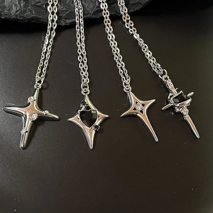 Silber Kreuz besetzte Diamant vierzackige Stern Halskette für Männer und Frauen Vintage Schlüsselbein Kette Party Schmuck